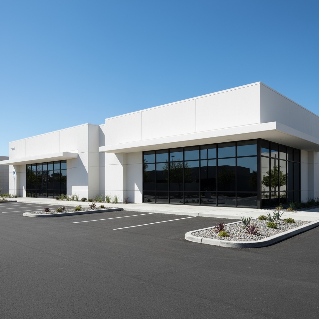 The building is a large white structure with several rows of windows, set against a clear blue sky, standing in or behind ...