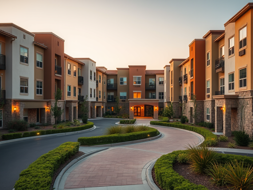 Apartment complex with lawn and walkway.