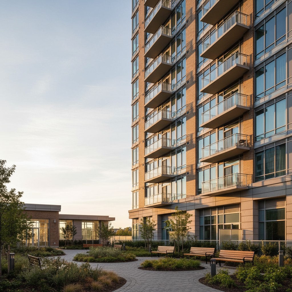 a tall, modern apartment building with many windows and balconies set against a pale blue sky.